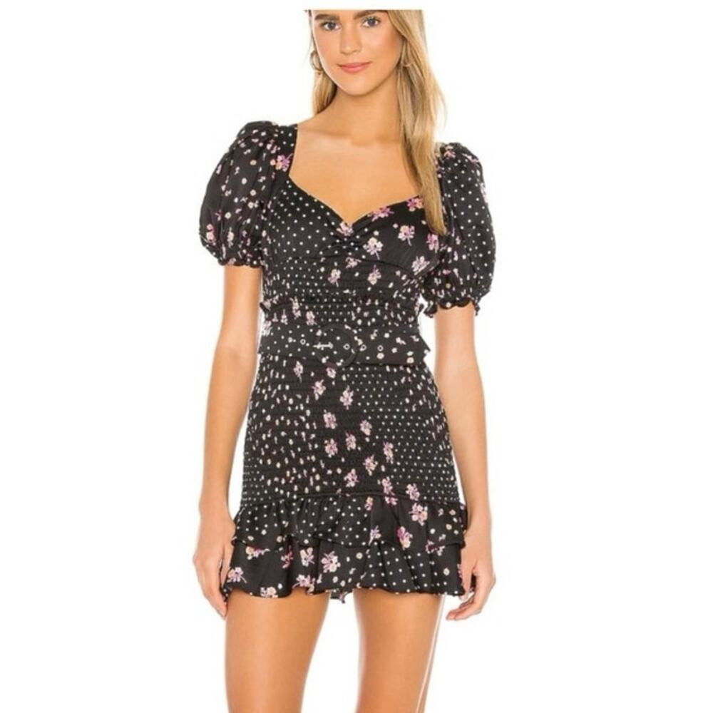 For Love & Lemons Camellia Smocked Belted Mini Dress Size Small Black Floral